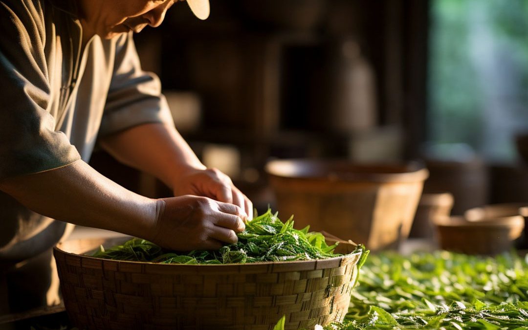 Agricultor trabajando la hoja fresca del té verde organico.