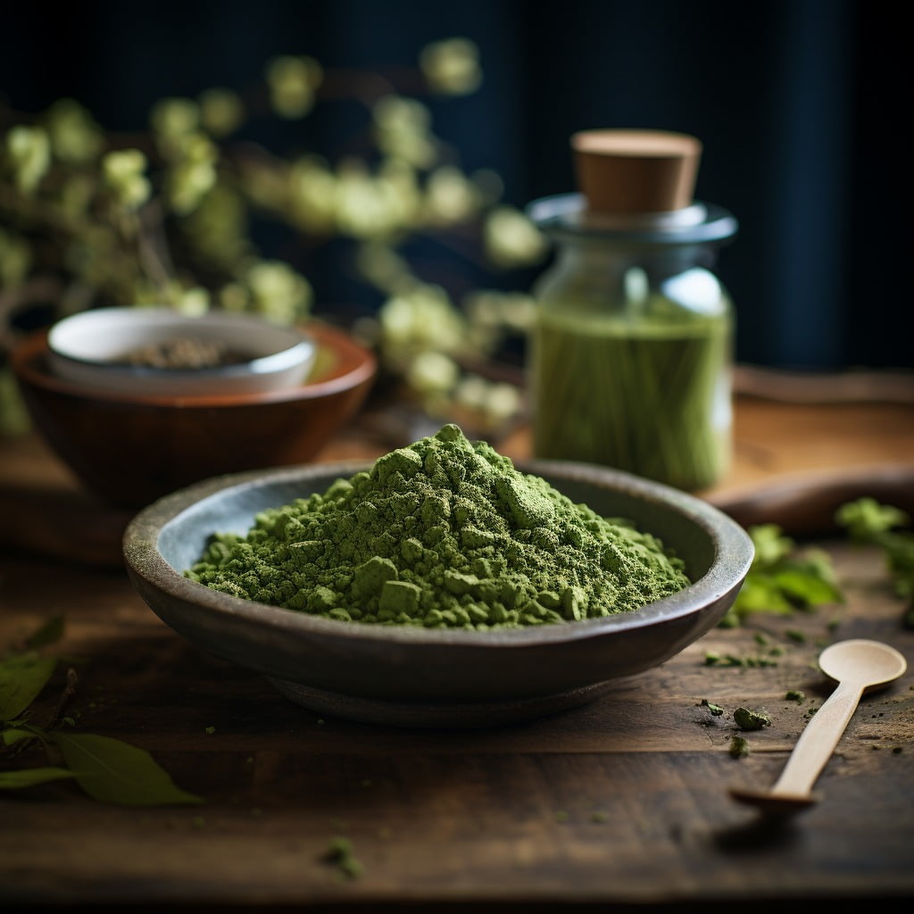 Preparación de té matcha orgánico sobre cuenco de madera.